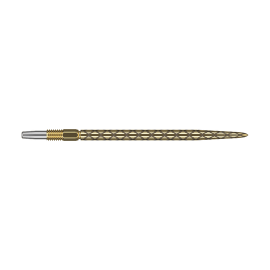 Target Swiss Diamond Pro Gold dartpunten Das Bild zeigt eine goldene Dartspitze mit einem diamantförmigen Muster. Die Spitze ist schmal und hat am vorderen Ende einen silbernen Bereich.