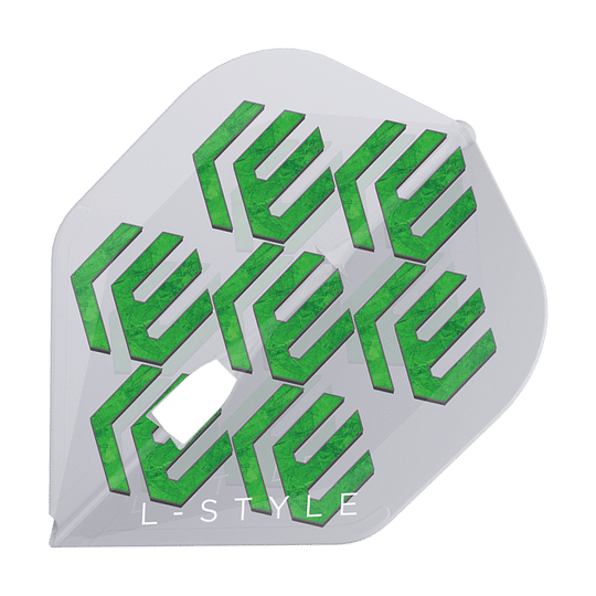 Dies ist ein L-Style Lukas Wenig V1 Clear White L1PRO Flight. Das Flight ist weiß und hat grüne, geometrische Muster sowie den Aufdruck "L-STYLE".