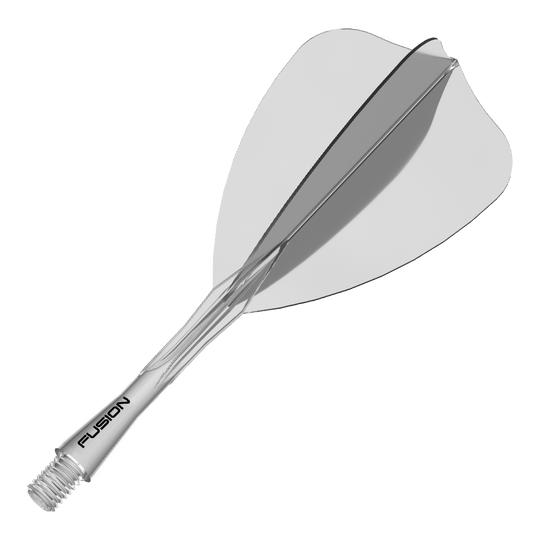 Winmau Fusion Flight Shaft System pijl transparant Das Bild zeigt ein Dartzubehör, wahrscheinlich einen transparenten Shaft oder Flight. Der Dateiname weist auf 'Winmau Fusion Flight Shaft System Arrow Clear 28mm 1' hin.