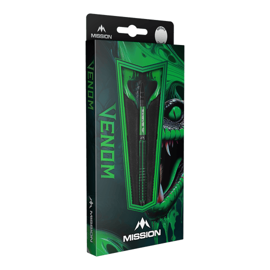 Mission Venom Softdarts - 20g Die Abbildung zeigt die Verpackung der "Mission Venom Softdarts - 20g". Das Design ist in Grün gehalten und zeigt einen Schlangenkopf sowie den Schriftzug "Venom".