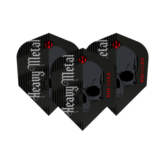 Harrow's Ryan Searle Heavy Metal Series 2 Vluchten Das Bild zeigt drei Dartflights der Serie "Harrows Ryan Searle Heavy Metal Series 2". Die Flights sind schwarz mit einem Totenkopf-Design und den Aufschriften „Heavy Metal“ und „Ryan Searle“.