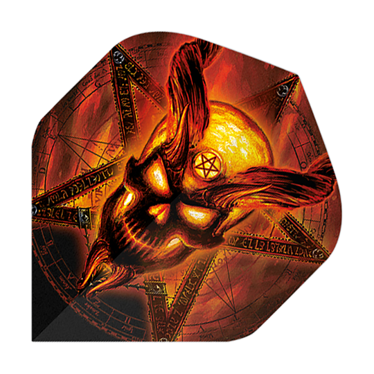 Alchemy Burning Temple No2 Standaardvluchten Das Bild zeigt einen Dartflight mit einem brennenden, dämonischen Schädel und einem Pentagramm im Hintergrund. Die Farben sind hauptsächlich in Rot-, Orange- und Gelbtönen gehalten, was das feurige Design betont.