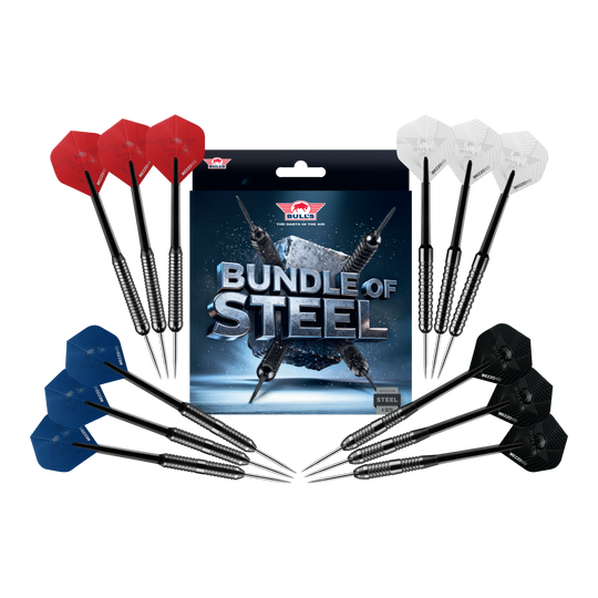Bulls NL Bundel van Staal - 4 Sets Messing Stalen Darts Zu sehen sind die Bulls NL Bundle Of Steel - 4 Sets Brass Steeldarts. Das Produkt bietet vier Sets Messing-Steeldarts für Dartspieler.
