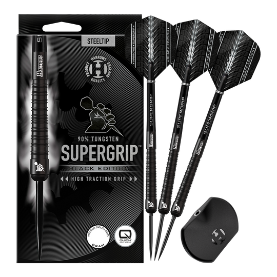Harrows Supergrip 90 Black Edition Quick Point Steeldarts zeigen ein edles schwarzes Aussehen. Sie sind perfekt für ambitionierte Dartspieler geeignet.