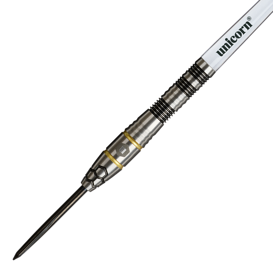 Unicorn Hexium Style 01 Zwart & Goud Steeldarts Auf diesem Foto sind die Unicorn Hexium Style 01 Black & Gold Steeldarts zu sehen. Die Darts heben sich durch ihr elegantes Design in Schwarz und Gold hervor.