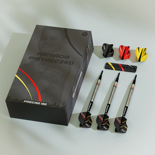 Precise 180 Ricardo Pietreczko GEN1 softdarts Zu sehen ist das Produkt Precise 180 Ricardo Pietreczko GEN1 Softdarts. Diese Darts wurden für professionelle Dartspieler entworfen.