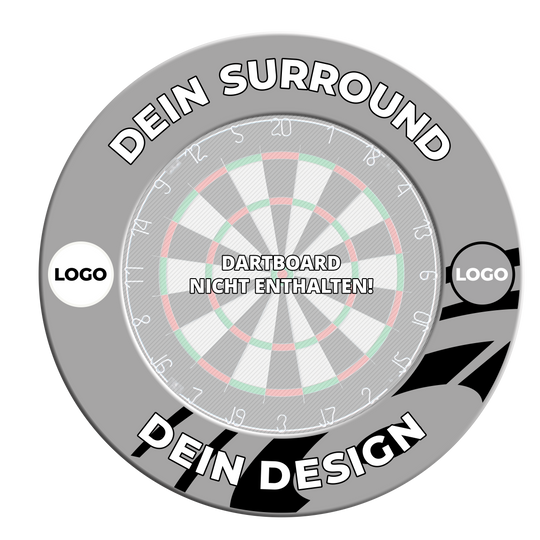 Dartbordomlijsting met uw eigen ontwerp Ein weiteres graues Dartboard-Surround mit individuellem Druck ist zu sehen. Die Ansicht zeigt eine andere Perspektive des Surrounds.