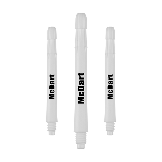 Das Bild zeigt drei gerade, weiße L-Style Shafts mit jeweils schwarzem Aufdruck "McDart". Die Shafts sind 46 mm lang und können mit individuellem Wunschdruck versehen werden.