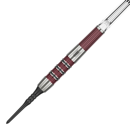 Target Stephen Bunting 95K Soft Darts - 19g Das Bild zeigt einen Target Stephen Bunting 95K Softdart mit einem Gewicht von 19 Gramm. Der Dart hat ein silbernes und rotes Griffdesign mit einer schwarzen Softspitze.