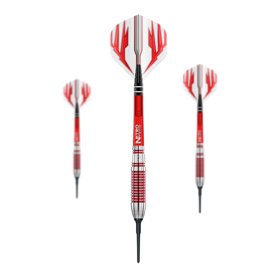 Red Dragon Reflex zachte pijltjes - 22 g Das Bild zeigt drei Red Dragon Reflex Softdarts mit einem Gewicht von 22 g. Die Darts haben rote und silberne Griffe sowie weiße Flights mit roten Mustern.