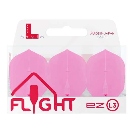 L-L-Style3EZ-vluchten Die Abbildung zeigt eine Packung mit drei pinken Dartflights der Marke L-Style. Auf der Verpackung steht "FLIGHT" und "MADE IN JAPAN".