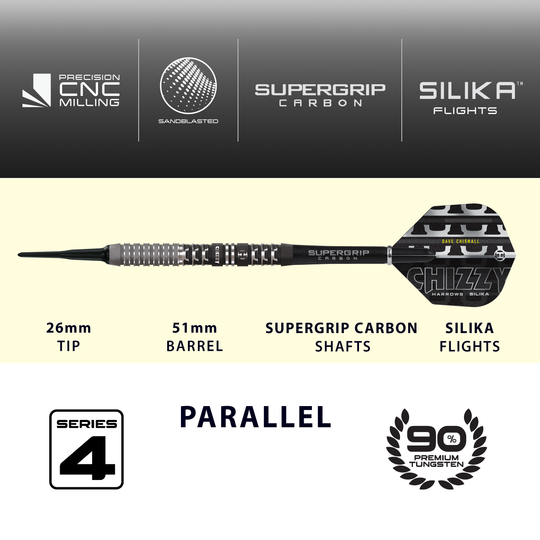 Harrow's Dave Chisnall Chizzy Series 4 zachte darts Das Produkt ist die Harrows Dave Chisnall Chizzy Series 4 Softdarts. Es richtet sich an Spieler, die Softdarts bevorzugen.