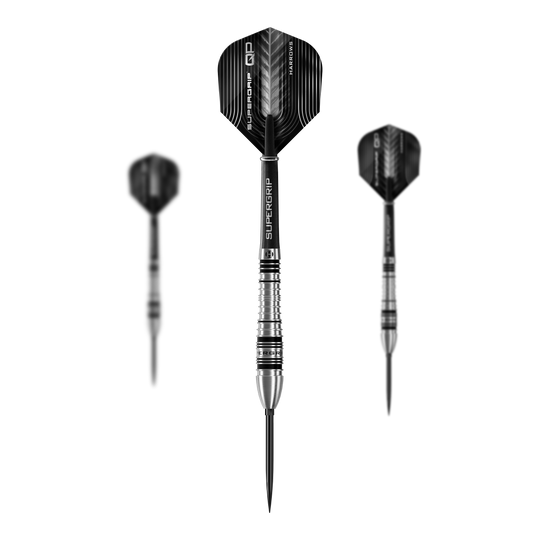 Harrows Supergrip Bomb Quick Point stalen dartpijlen Dieses Bild präsentiert das Set der Harrows Supergrip Bomb Quick Point Steeldarts. Das Set enthält mehrere hochwertige Darts für das Spiel.