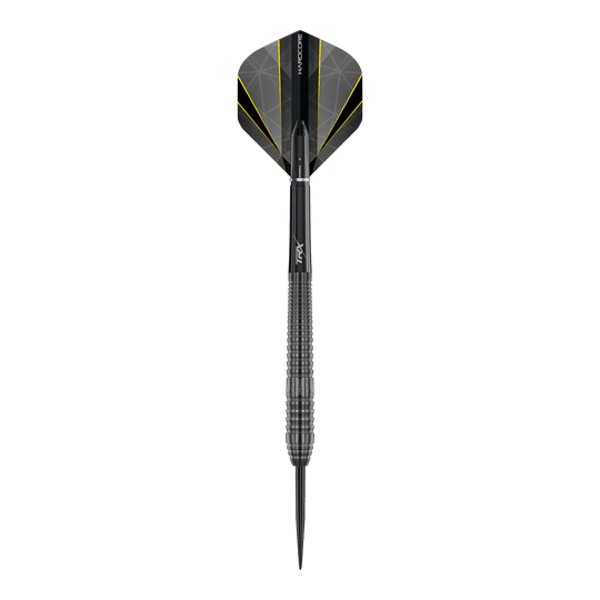 Das Bild zeigt einen "Red Dragon Seren 2 Onyx Steeldart". Der Dart ist schwarz mit gelben Akzenten und hat ein modernes, geriffeltes Design.