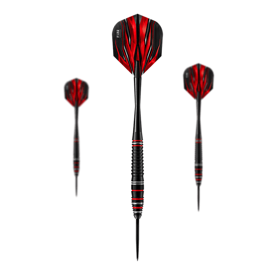 Harrows Fire Darts van hoogwaardig gelegeerd staal Auf dem Bild sind die Harrows Fire High Grade Alloy Steeldarts zu sehen. Die Darts haben ein schwarzes Design mit roten Flammen auf den Flights.