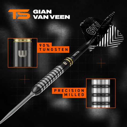 Winmau Gian Van Veen TS Switch Point stalen dartpijlen Das Bild zeigt Winmau Gian Van Veen TS Switch Point Steeldarts. Drei Darts mit moderner Optik sind zu sehen.