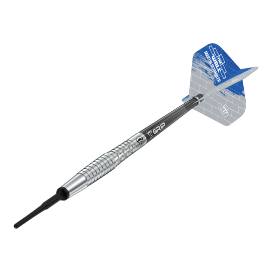 Bulls Martin Schindler Original Generation 2 zachte darts Das Bild zeigt den Softdart "Bulls Martin Schindler Original Generation 2". Der Dartpfeil hat einen silbernen, geriffelten Barrel und blaue Flights mit weißem Muster.