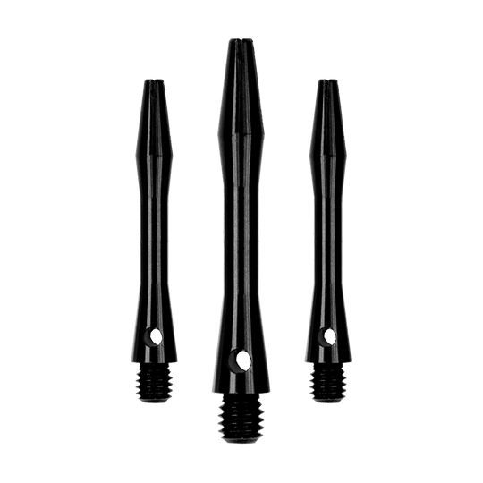 502_Aluminium_Shafts_Schwarz_35mm_1XKTtpXFq41LtL Das Bild zeigt drei schwarze Aluminiumschäfte, die nebeneinander stehen. Sie sind in unterschiedlichen Längen und haben ein glänzendes, glattes Finish.
