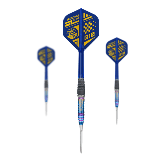 Target Japan Rising Sun GEN10 Swiss Point Steeldarts Abgebildet sind die Target Japan Rising Sun GEN10 Swiss Point Steeldarts als komplettes Set. Die Darts werden mit Schaft und Flights präsentiert.