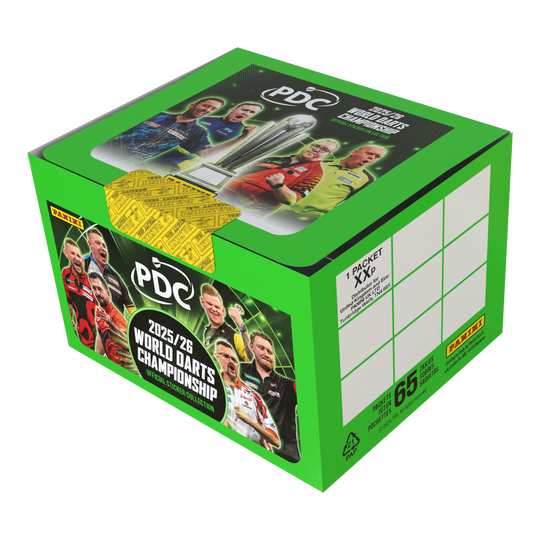 Abgebildet ist die Panini PDC World Darts Championship 2025/26 Stickerbox mit 65 Tüten. Diese Box enthält Stickertüten zum Sammeln von Motiven des Darts-Turniers.