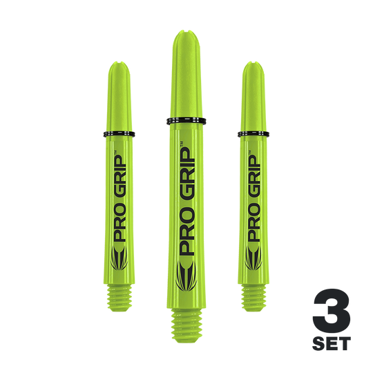 Target Pro Grip Shafts - 3 sets - Limoengroen Das Bild zeigt drei limegrüne Pro Grip Shafts für Darts. In der rechten unteren Ecke steht "3 SET".
