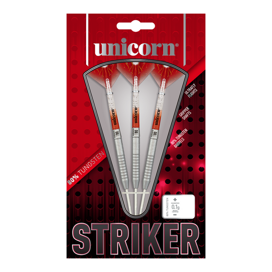Unicorn Core XL Striker Style 5 stalen darts Das Bild zeigt die Verpackung der "Unicorn Core XL Striker Style 5 Steeldarts". In der Packung befinden sich drei Steeldarts mit silbernen Schäften und roten Flights.