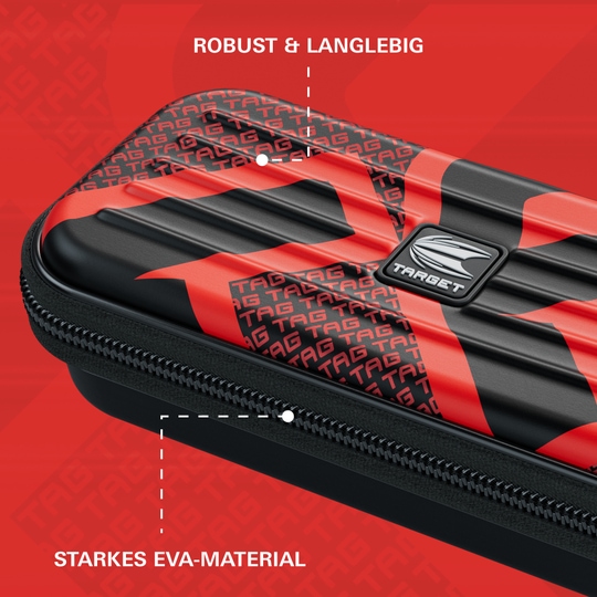 Das Bild zeigt ein robustes Dart-Etui mit rotem und schwarzem Design. Es besteht aus starkem EVA-Material und trägt den Schriftzug "TARGET".