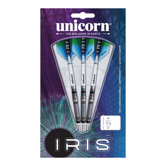 Das Bild zeigt eine Verpackung mit drei Steeldarts der Marke "Unicorn Iris". Die Darts haben silberne Schäfte und blaue Flights, und die Verpackung ist bunt gestaltet.