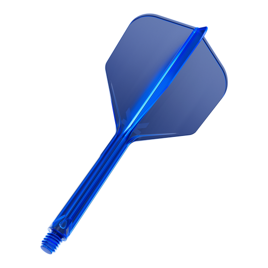 Target K-Flex No6 Flight System - Blauw Das Bild zeigt einen blauen Dartflügel mit Schaft. Der Dartflügel ist durchsichtig und hat eine Schraubverbindung am unteren Ende.