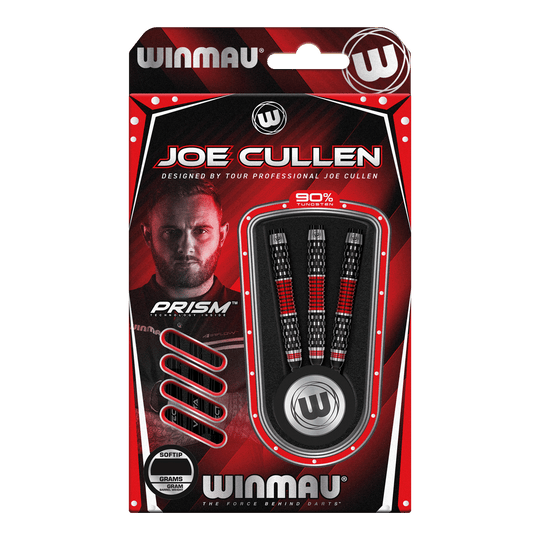 Winmau Joe Cullen Rockstar Series RS1 Zachte Darts - 20g Die Abbildung zeigt die Winmau Joe Cullen Rockstar Series RS1 Softdarts mit 20g Gewicht. Die Darts sind in einer rot-schwarzen Verpackung und enthalten 90% Tungsten.