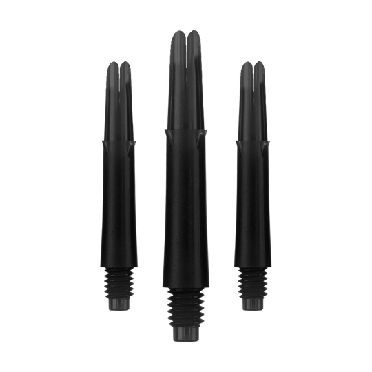 L-L-Style-Shafts Locked Straight - Zwart Auf dem Bild sind drei schwarze Dartschäfte in unterschiedlichen Längen zu sehen. Sie sind gerade geformt und haben ein Gewinde am unteren Ende.
