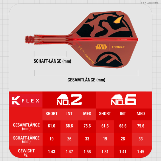 Target Star Wars K-Flex Darth Maul No6-vluchten Das Bild zeigt die Target Star Wars K-Flex Darth Maul No6 Flights. Die Dartflights sind im Stil von Darth Maul aus Star Wars gestaltet.