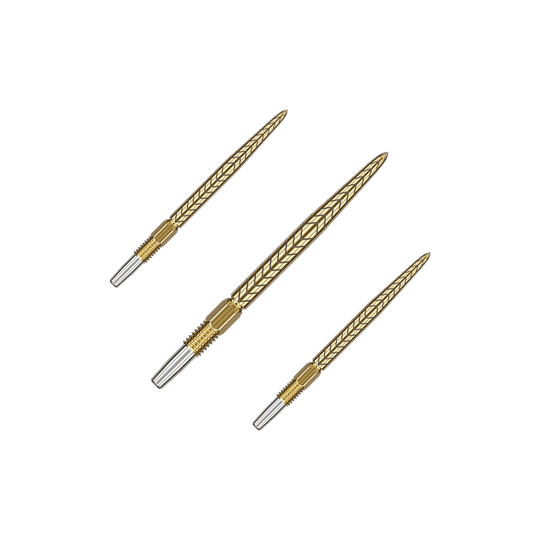Auf dem Bild sind drei goldene Dartspitzen mit silbernen Enden zu sehen. Sie sind fein gearbeitet und haben ein geprägtes Muster auf der Oberfläche.
