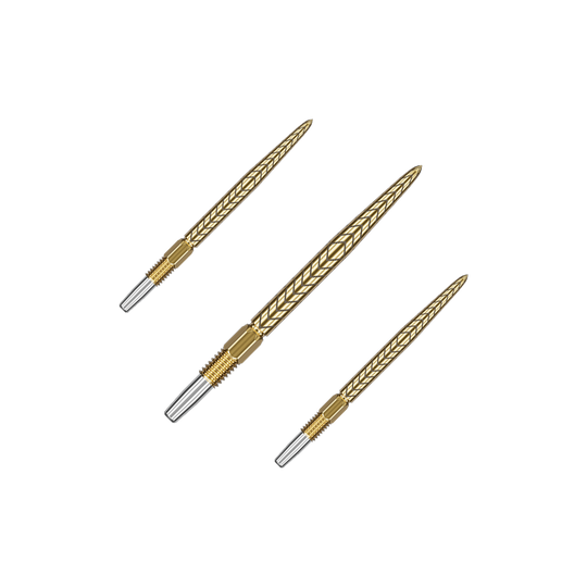Target Swiss Point RVE darttips - Goud Auf dem Bild sind drei goldene Dartspitzen mit silbernen Enden zu sehen. Sie sind fein gearbeitet und haben ein geprägtes Muster auf der Oberfläche.