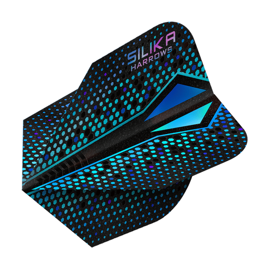 Das Bild zeigt einen Harrows Silika Colourshift Tough Crystalline Coating Blue-X No6 Flight. Das Dart-Flight hat ein schwarzes Design mit blauen und türkisfarbenen Punkten und geometrischen Mustern.