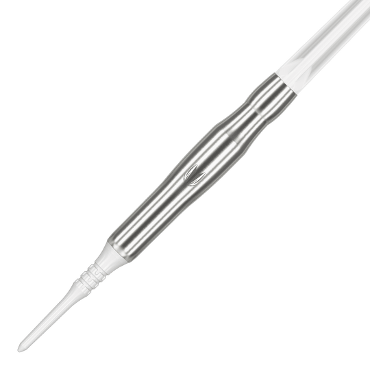 Target Japan Crux Brave Soft Darts - 18,5 g Das Bild zeigt den Target Japan Crux Brave Softdart mit einem Gewicht von 18,5g. Der Dartpfeil hat ein elegantes, silbernes Design mit einer weißen Spitze.