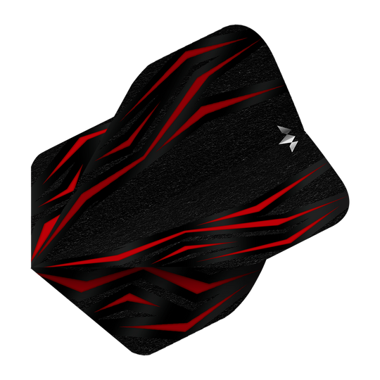 Mission Lava Red No2 Standaardvluchten Das Bild zeigt einen Mission Lava Red No2 Standard Flight für Darts. Das Design ist überwiegend schwarz mit auffälligen roten Linien und einem kleinen weißen Logo.