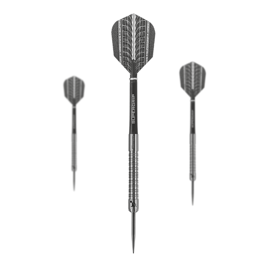 Harrows Supergrip 90% Tungsten stalen darts Das Bild zeigt drei Harrows Supergrip 90% Tungsten Steeldarts. Die Darts haben ein silbernes Design mit schwarzem Schaft und Flight.