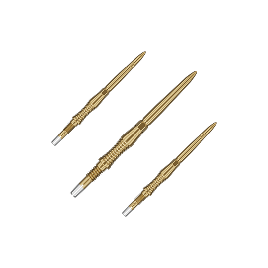 Target Swiss Point Dartpunten Signature RST - Goud Das Bild zeigt ein Set von goldenen Target Swiss Point Dartspitzen Signature RST mit 30mm Länge. Die Spitzen sind ordentlich nebeneinander angeordnet.