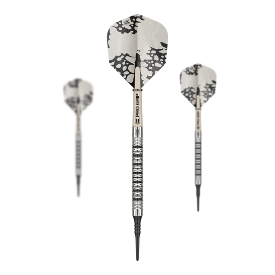 Target EXO 11 Zachte Darts Das Bild zeigt drei Target EXO 11 Softdarts mit silbernen Griffen und schwarz-weißen Flights. Die Darts haben einen modernen, gestreiften Look und spitze Kunststoffspitzen.