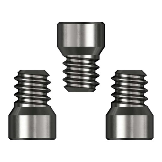 Caliburn-systeemkranen Das Bild zeigt drei Caliburn System Spigots mit einem Durchmesser von 2,33 mm. Sie sind aus Metall gefertigt und haben ein Gewinde auf einer Seite.