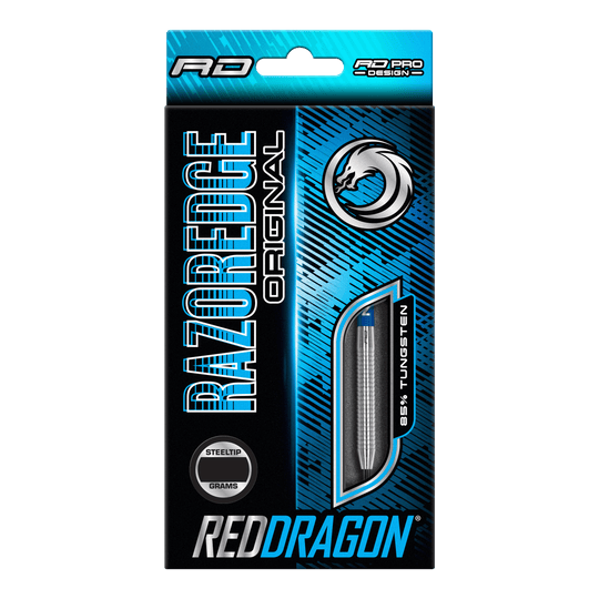 Red Dragon Razor Edge originele stalen dartpijlen Die Verpackung zeigt die "Red Dragon Razor Edge Original Steeldarts" mit einem Gewicht von 24 Gramm. Das Design ist blau-schwarz und hebt hervor, dass die Darts aus 95 % Tungsten bestehen.