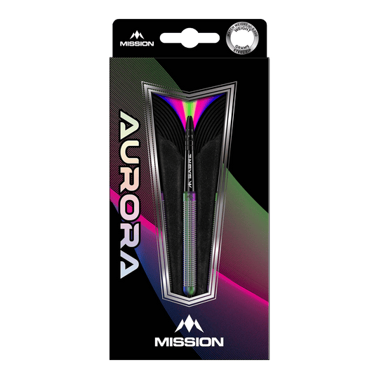 Mission Aurora Coral PVD stalen darts - 23g Die Abbildung zeigt die Mission Aurora Coral PVD Steeldarts mit einem Gewicht von 23g in ihrer Verpackung. Das Design der Verpackung ist modern und farbenfroh, mit auffälligen Regenbogen-Effekten.