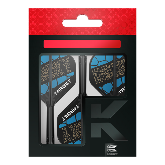 Target K-Flex Josh Rock No2 Standaard Vlucht Shaft Systeem Das Bild zeigt das Produkt "Target K-Flex Josh Rock No2 Standard Flight-Shaft-System" in seiner Verpackung. Die Flights sind schwarz, blau und weiß gestaltet und tragen den Schriftzug "ROCKY" sowie "TARGET".