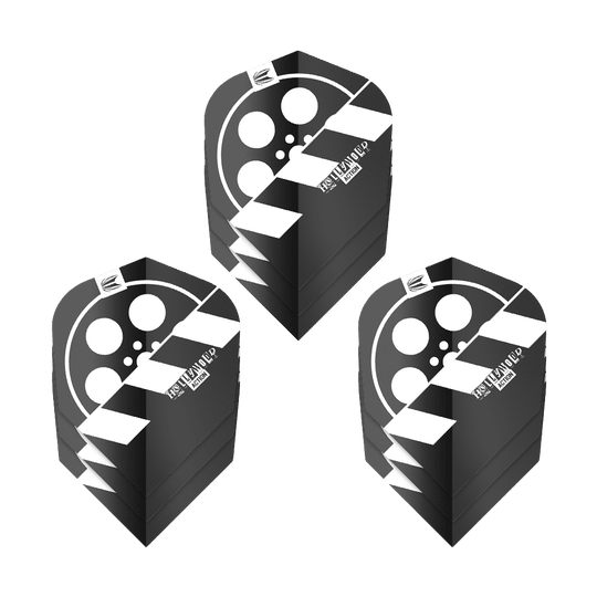 Target Pro Ultra Chris Dobey Hollywood Action No6 Vluchten - 3 Sets Das Bild zeigt drei Sets von schwarzen Dartflights mit einem Filmrollen-Design. Auf den Flights steht „HOLLYWOOD ACTION“ und sie gehören zum Produkt „Target Pro Ultra Chris Dobey Hollywood Action No6“.