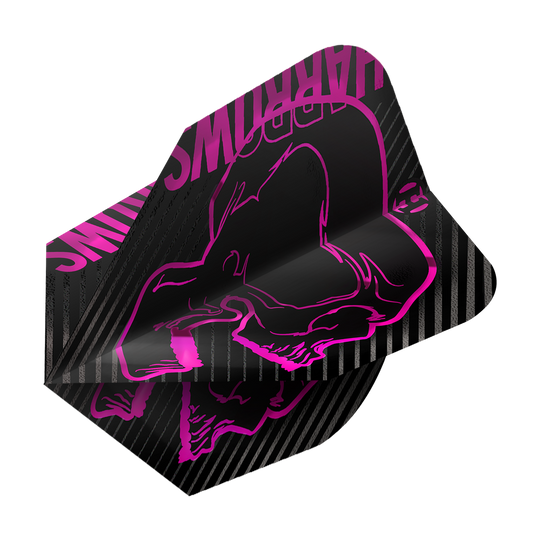 Harrows Rage Roze nr. 6 vluchten Dies ist ein Dartflight des Modells „Harrows Rage Pink No6“. Das Design ist schwarz mit einem auffälligen pinken Totenkopf und den Worten „Harrows“ in Pink.
