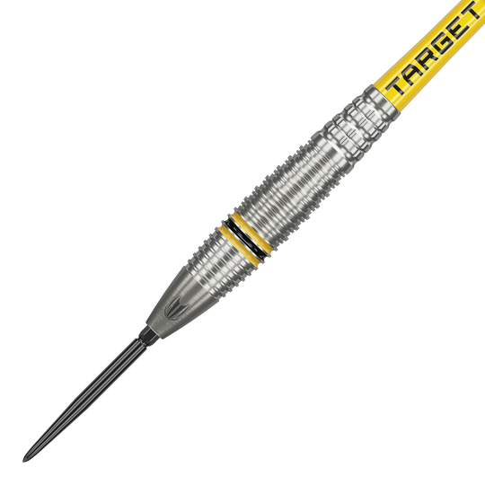 Target Scott Williams GEN2 Swiss Point steel darts Das Bild zeigt einen Target Scott Williams GEN2 Swiss Point Steeldart. Der Dart ist silberfarben mit gelben und schwarzen Akzenten sowie der Aufschrift "TARGET" auf dem Schaft.