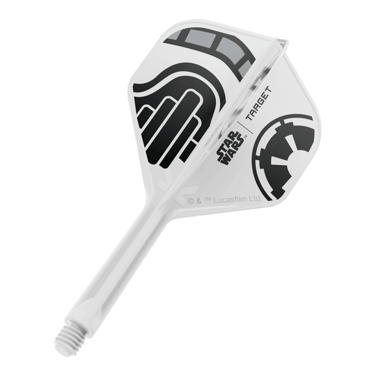 Das Bild zeigt einen einzelnen Dart-Flight aus der Star Wars KFlex Stormtrooper Serie. Der Flight ist in der Standardgröße und hat eine Länge von 26 mm.
