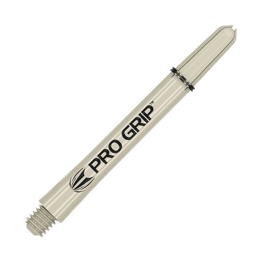 380152_Target_Pro_Grip_Shafts_Sand_48mm_2 Auf dem Bild ist ein beiger Dart-Schaft mit der Aufschrift "PRO GRIP" zu sehen. Der Schaft hat ein Schraubgewinde an einem Ende und einen Schlitz für Flights am anderen Ende.