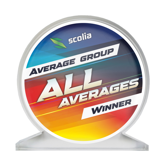 Scolia Acrylglas Trofee - Winnaar Das Bild zeigt einen Acrylglas-Pokal für alle Durchschnitte, genannt AllAverages. Er kann für verschiedene Kategorien im Dartsport vergeben werden.